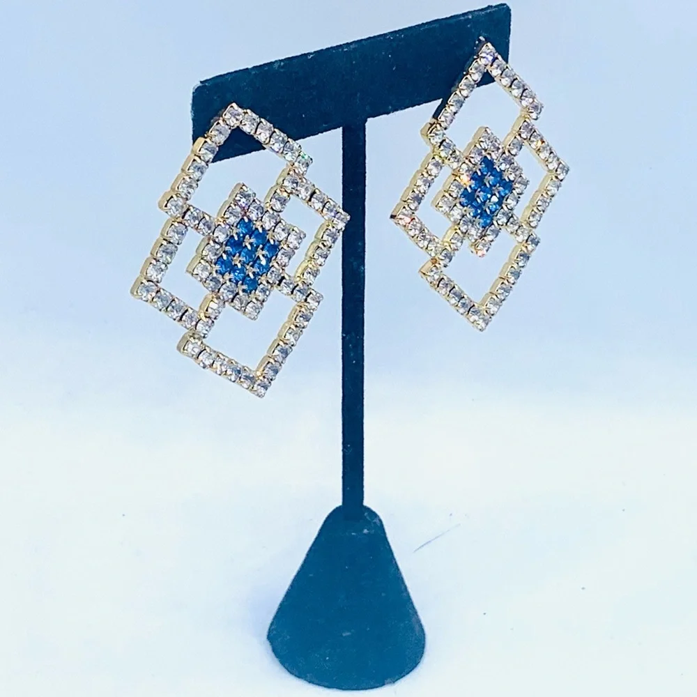 Vintage rhinestone pierced earrings geometric costume jewelry new old stock